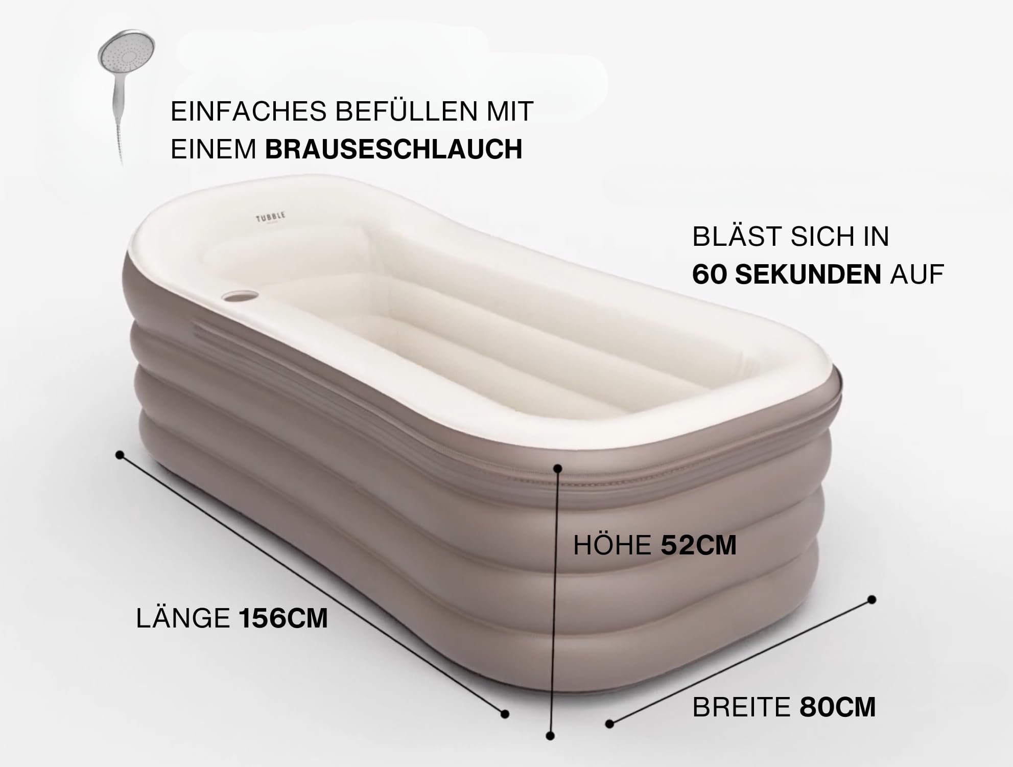 Tubble® Royale Badewanne Aufblasbar Ambiant Taupe 255 Liter - Faltbare Badewanne für Erwachsene bis 188 cm, Aufbau in 1min, Für Indoor und Outdoor, Home Spa & Eisbad