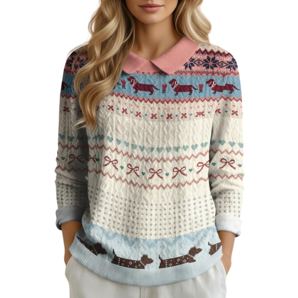 Akivide Womens Lapel Collar Multicolor Graphic Print Blouse Shirt Fall Casual Loose Long Sleeve Knit Pattern Pullover Tops