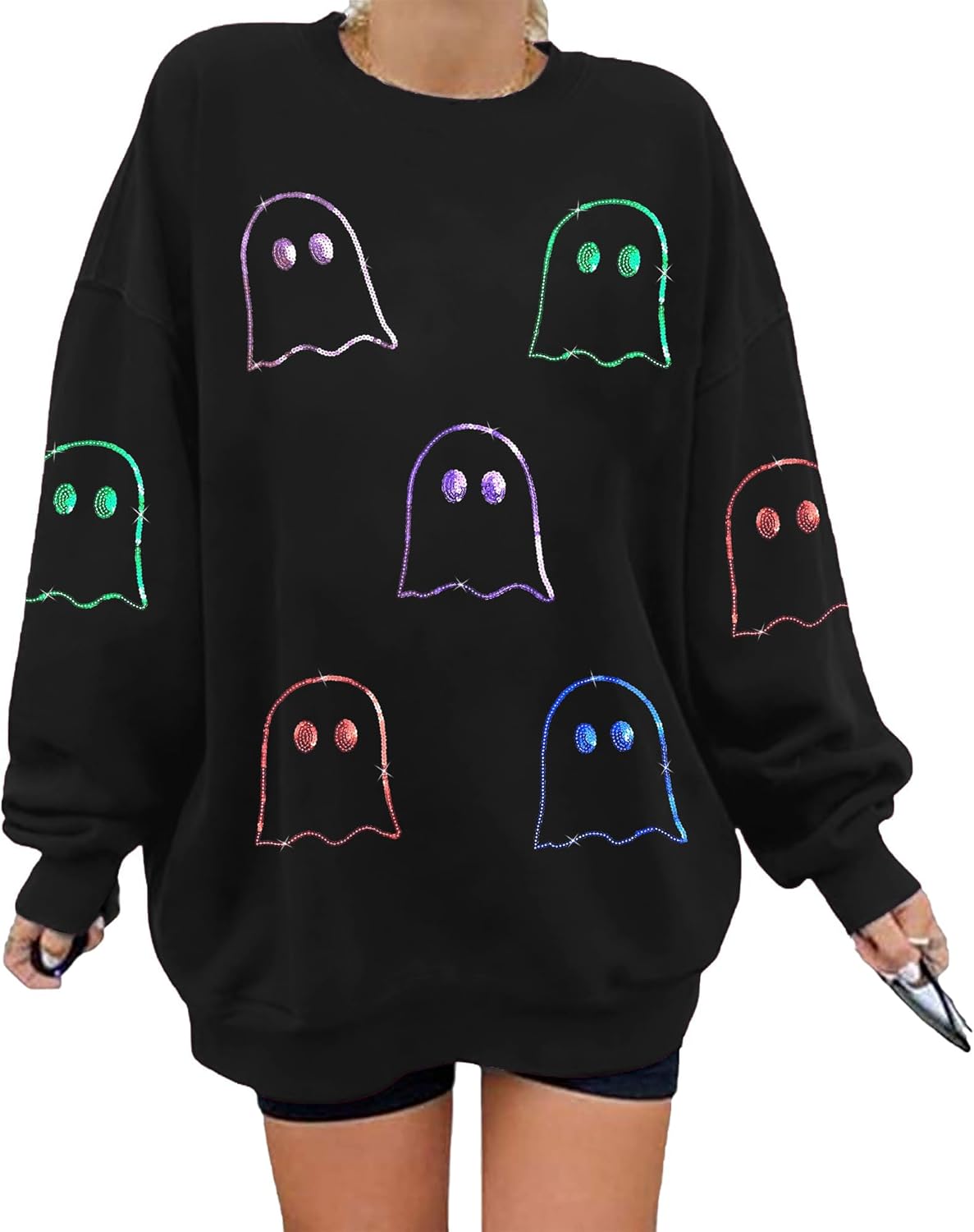 BEIDEFY Halloween Sweatshirts for Women Sequin Ghost Long Sleeve Shirt Oversized Spooky Season Pullover Tops