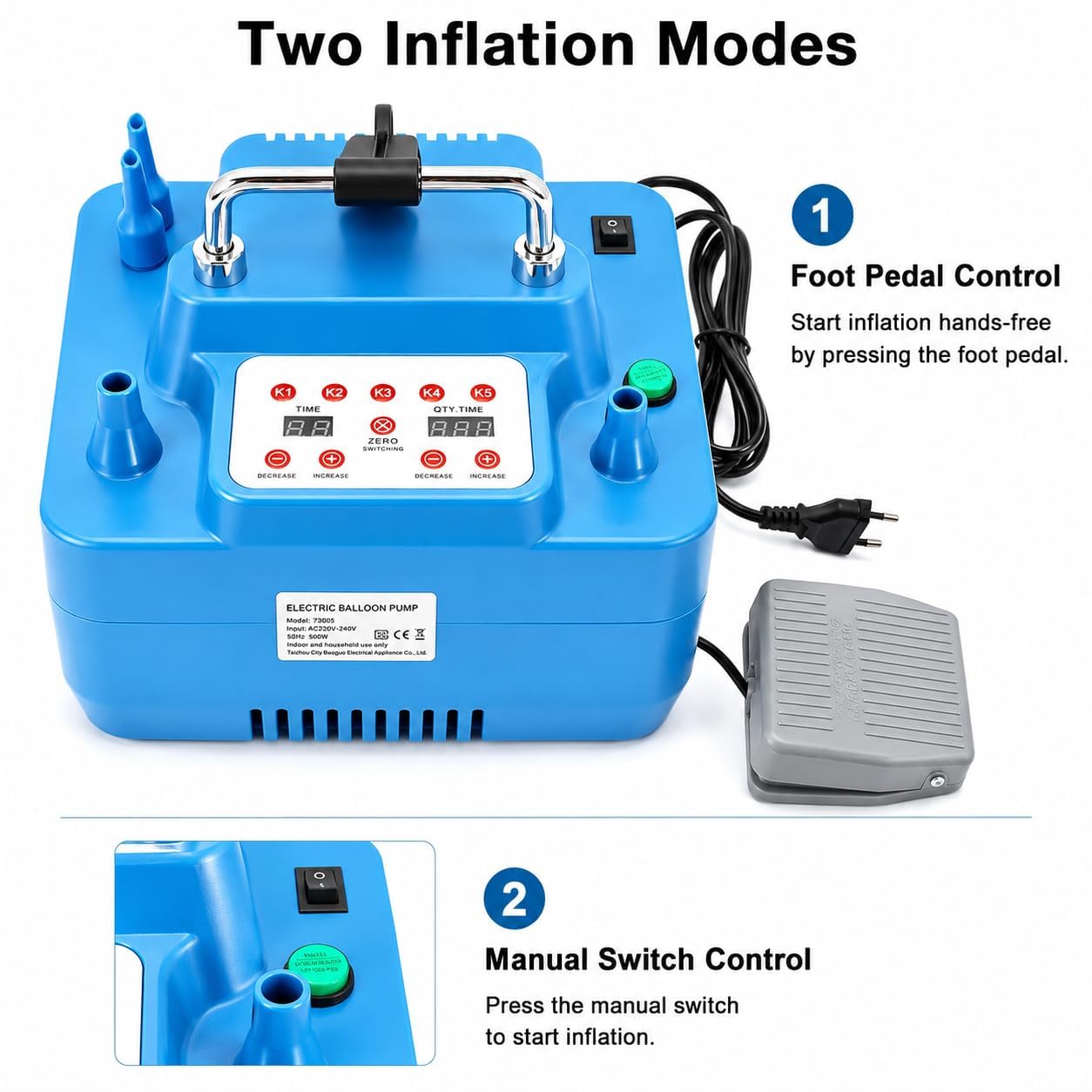 Inflador de globos de doble boquilla de 800 W con temporizador y control de