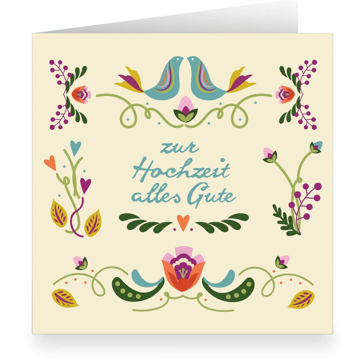 Kartenkaufrausch 24 x Hübsche folklore Hochzeitskarte innen weiß (quadratisch, 15,5x15,5cm mit Umschlag) mit Vögeln: zur Hochzeit alles Gute- große XL Glückwunsch-Karte zur Hochzeit für Familie