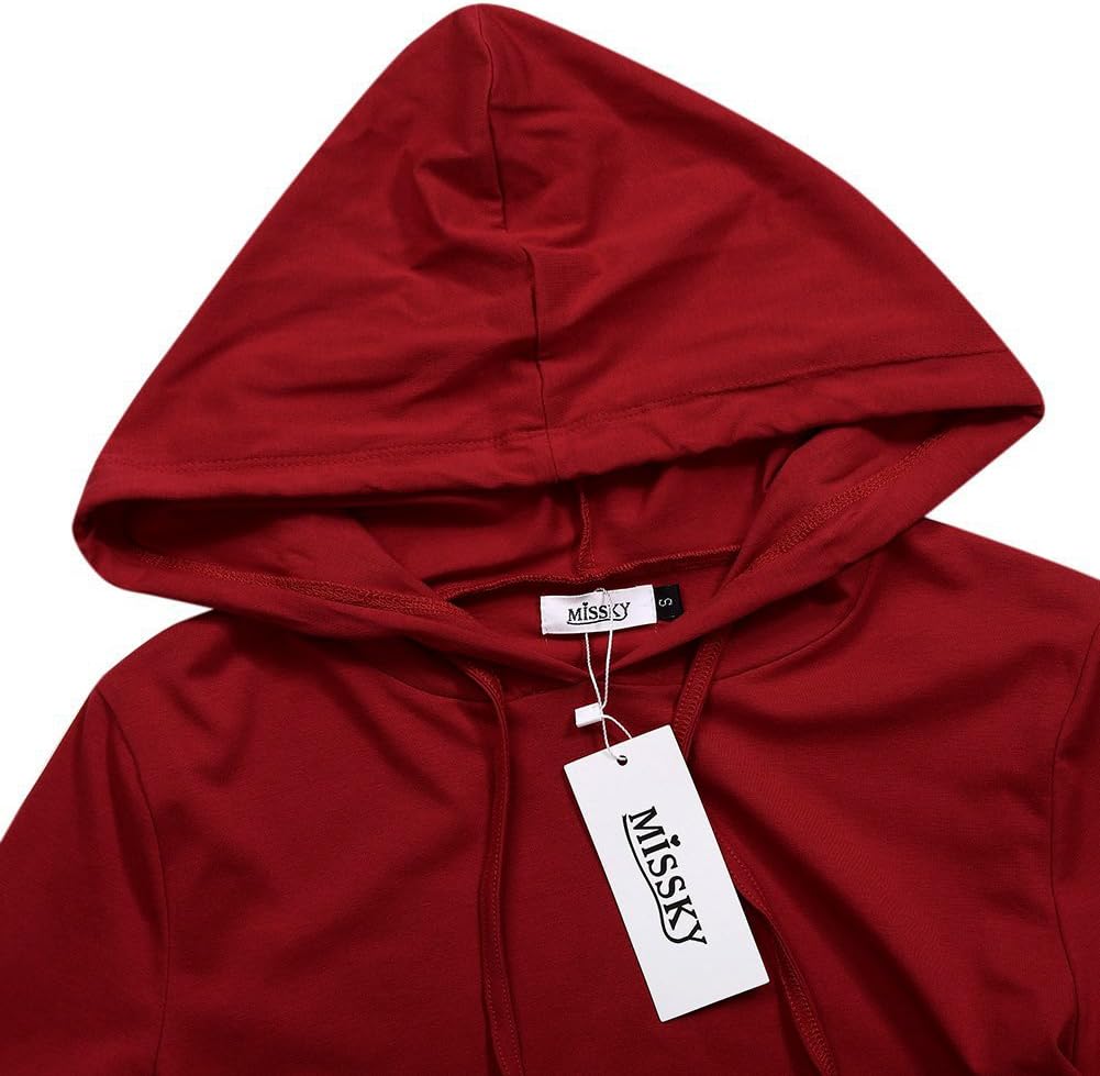 MISSKY Womens Short Sleeve Pocket Knee Length Slim Sweatshirt Casual Hoodie Dress (XS,Wine)
