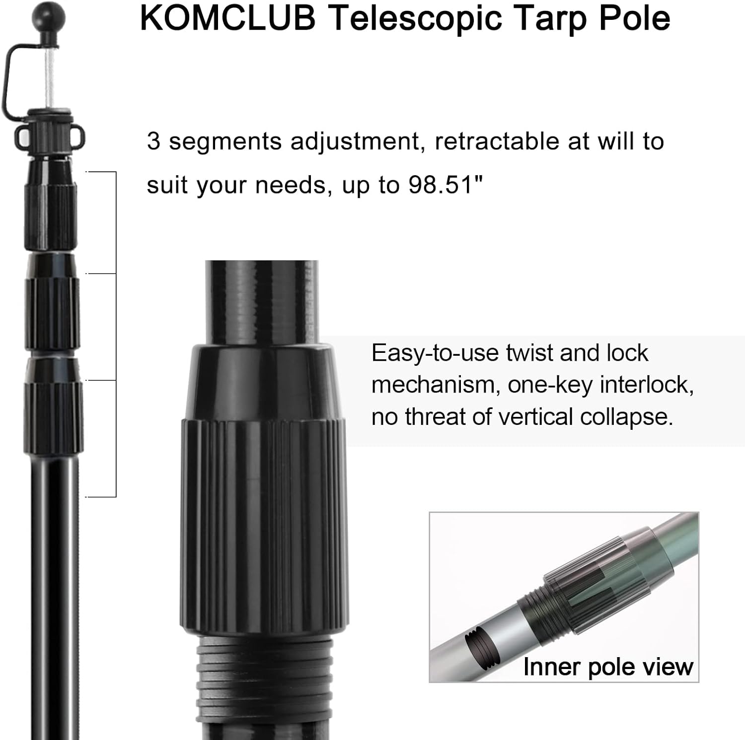 KOMCLUB Telescoping Tarp Poles Adjustable Tent Poles for Tarp Heavy-Duty Design Portable & Lightweight Fiberglass Tent Poles for Shelter Camping Awning 4 Sections Adjustable to 98.51 in(Set of 2)