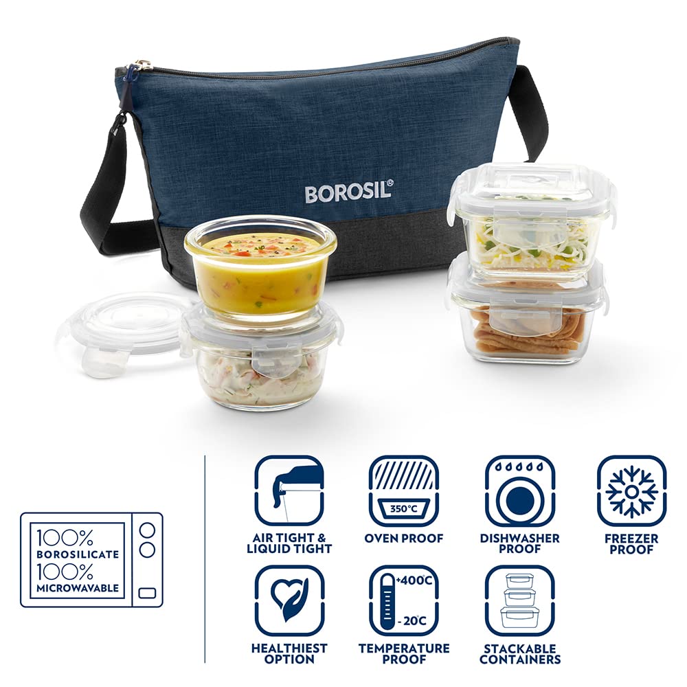 Borosil Elite Daisy Lunchbox with Bag | 4pc (320ml x 2 Square + 240ml x 2 Round) Container Set | Made in India Borosilicate Glass | Microwave & Dishwasher Safe Tiffin for Office, School - Image 8 thumbnail
