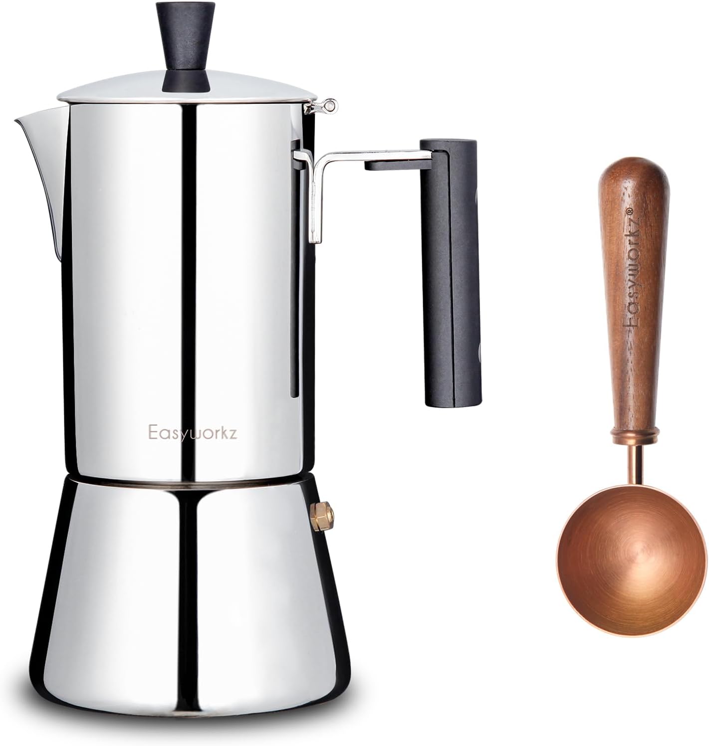 Easyworkz Pedro Stovetop Espresso Maker 6Cup 300ml, Bundled Retro Stainless Steel Coffee Spoon with Black Walnut Handle,10g - Measuring Spoon (Rose Gold)