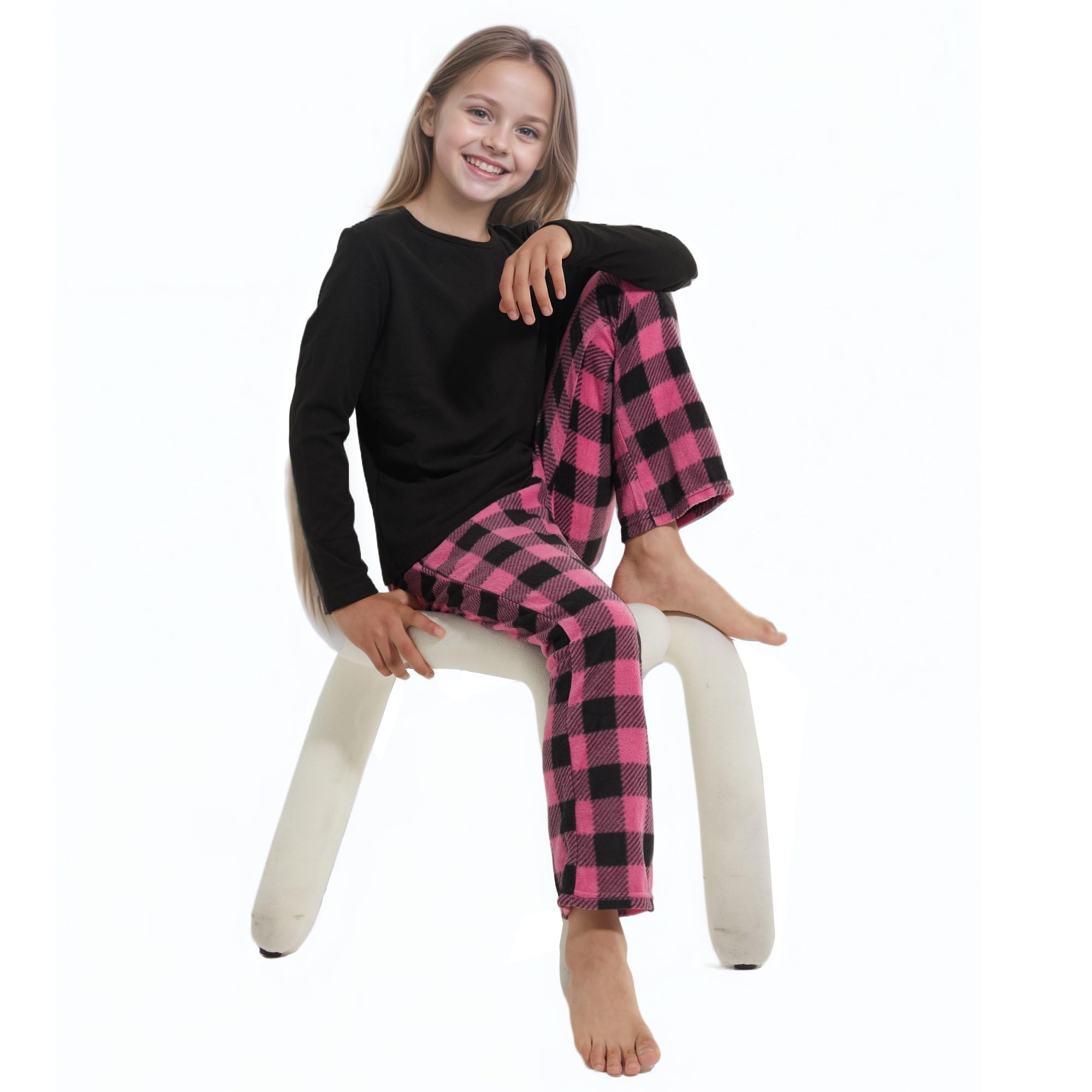 Kinder Mädchen Schlafanzüge Winter Fleece Karierte Pyjama Set | Langarm Shirt&Karierte Pyjamahose,Fleece Warm Pyjama,Teenager Zweiteilig Nachtwäsche,Weihnachten Pyjama,für 7-14 Jahre