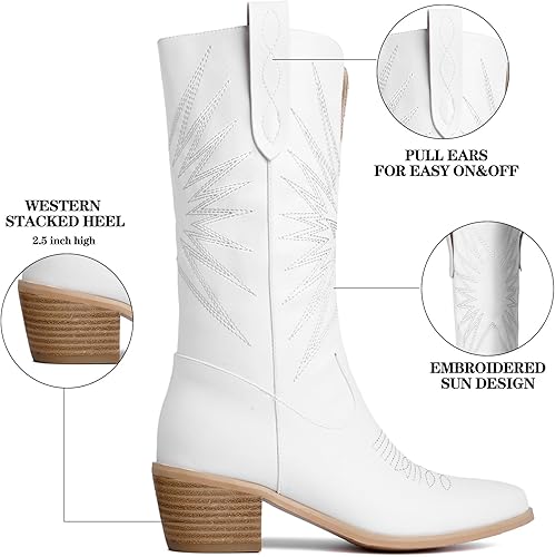 Miniatura 2 de olomisa Botas vaqueras para mujer, botas metálicas bordadas con punta puntiaguda, tacón grueso, botas vaqueras de media pantorrilla