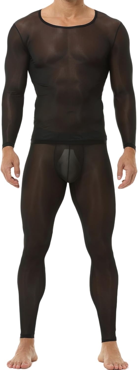 SEAUR Men's Ice Silk See Through Suit Long Sleeve and Leggings Tights Sheer Ultra Thin Set