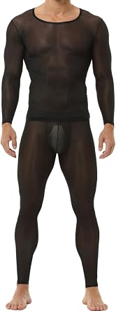 SEAUR Mens Ice Silk See Through Suit Long Sleeve and Leggings Tights Sheer Ultra Thin Set
