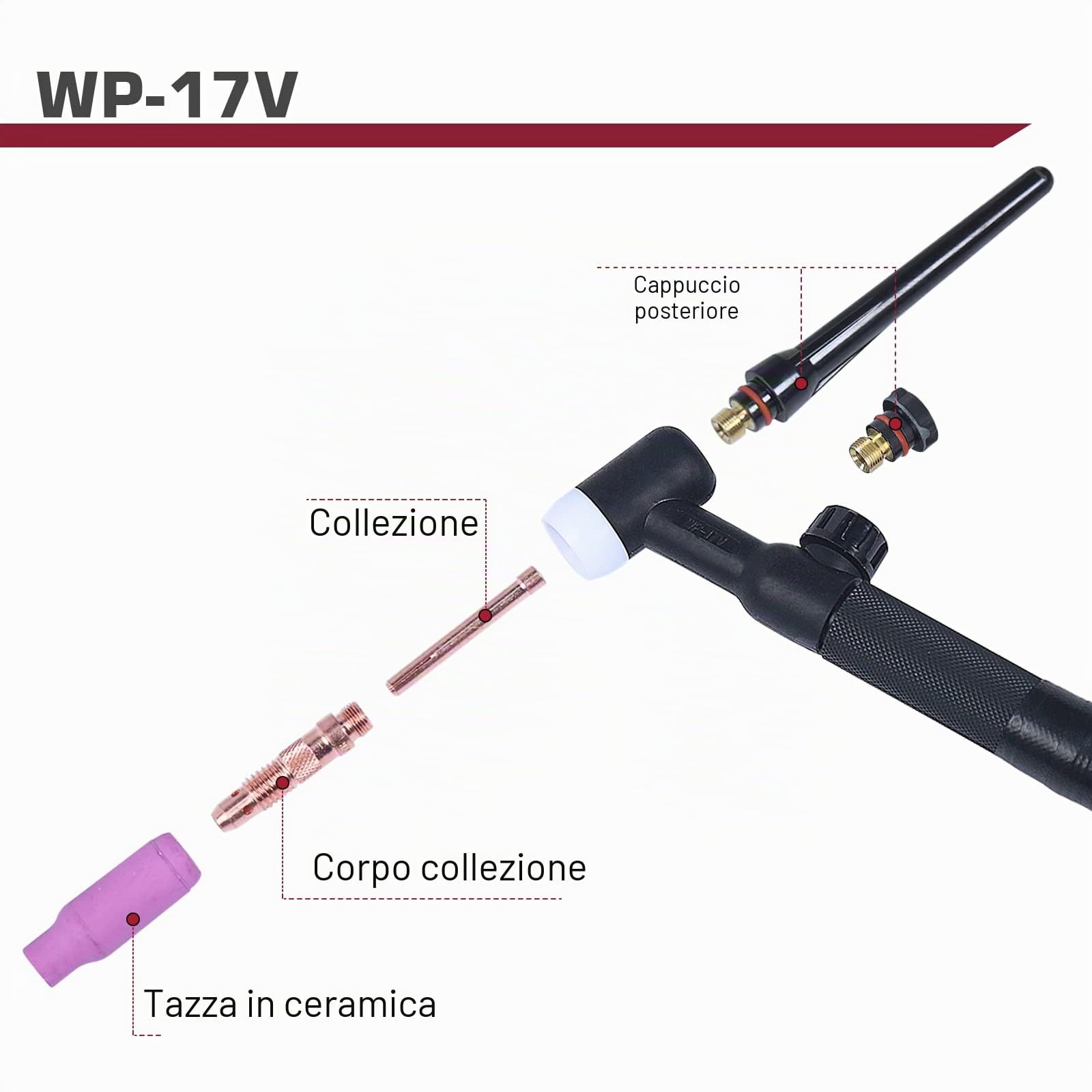ARCCAPTAIN Torcia per saldatura TIG, torcia TIG Argon WP-17V con tubo dell'aria rosso da 13 piedi e connettore da 35-50 mm, torcia TIG di sollevamento 150 A per ARCCAPTAIN ARC200 MIG200