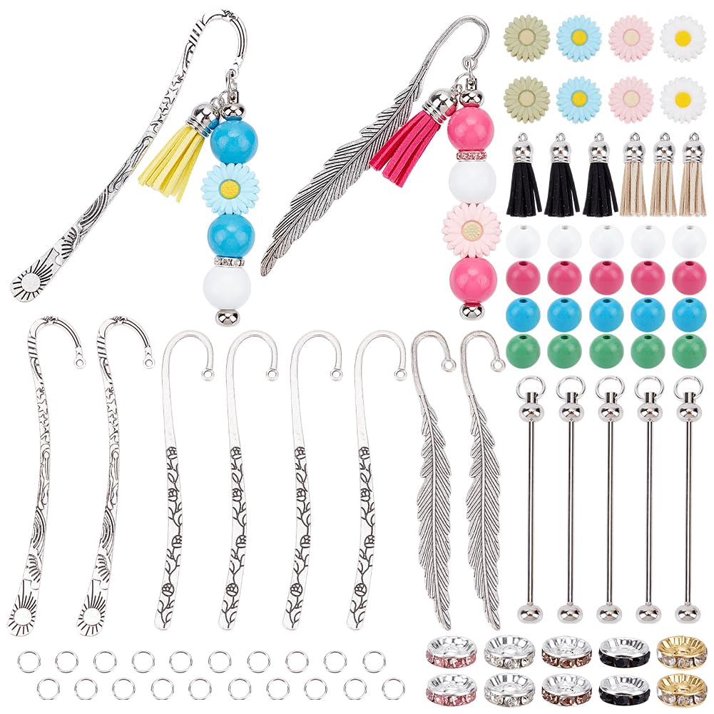 FREEBLOSS 166pcs Beadable Bookmarks Kit DIY Metal Daisy Bar Bookmarks Beaded Bookmarks 8 Set DIY Bookmark Kit Silicon Daisy Rhinestone Wood Beads Bookmark Making Kit for Gift Supplies