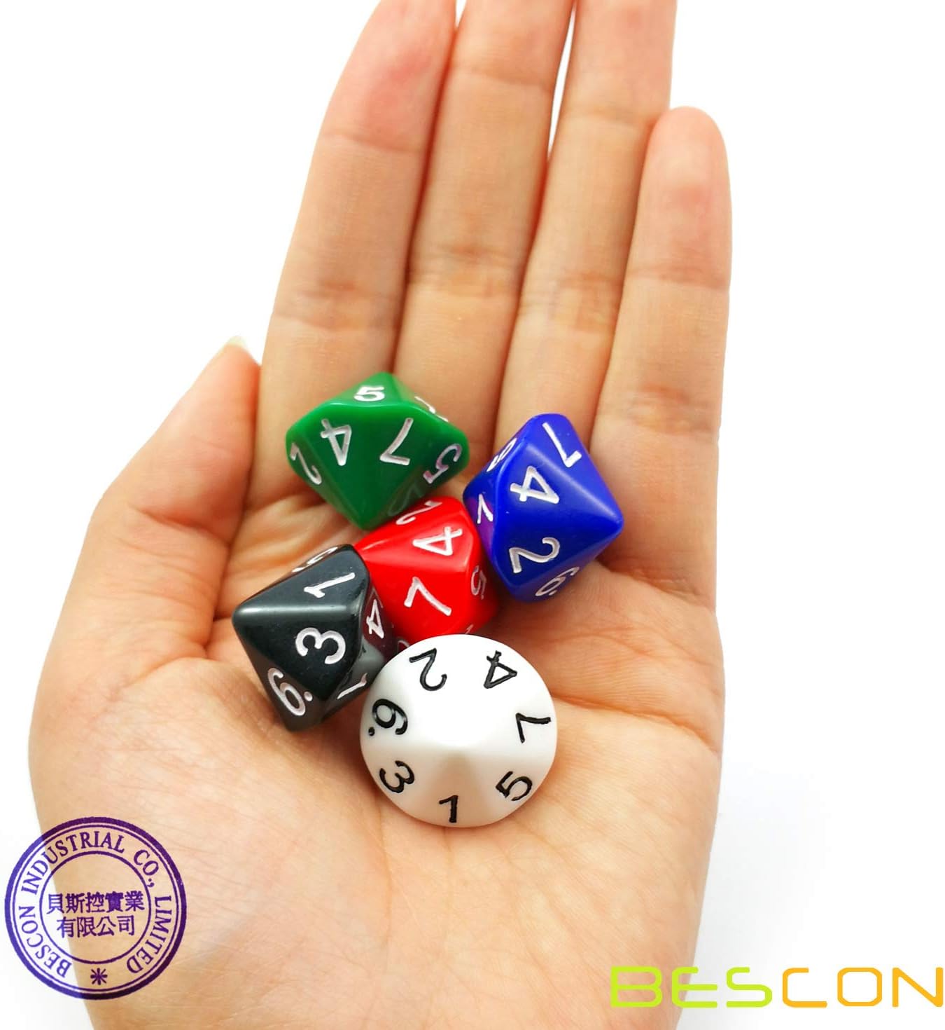 BESCON 5pcs Pack of D14 Dice Numbered 1 to 7 Twice - 14 Sides Dice Assorted Colors of 5 Set