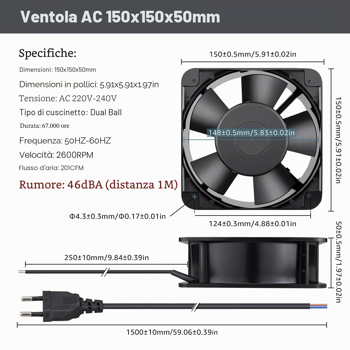 Ventola, 230 V, 150 mm, x 50 220 doppio cuscinetto a sfera 15050, di raffreddamento assiale, CA 240 senza spazzole, 201CFM, per postazione lavoro, garage, ventilazione industriale, scarico