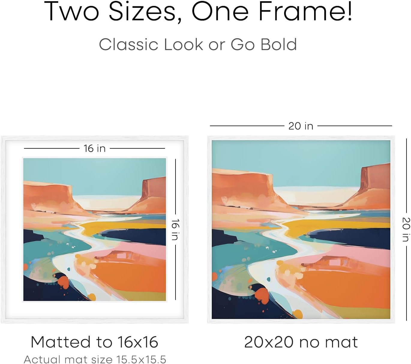 Homeforia 20x20 White Picture Frame, High End Oak 20 x 20 Square Wood Frames with Mat 16 by 16 inches Photo, 20by20 White Wooden Poster Frames Matted to 16x16 Print, Tempered Glass, Wall Kit, Set of 2 20x20 Wood White Oak