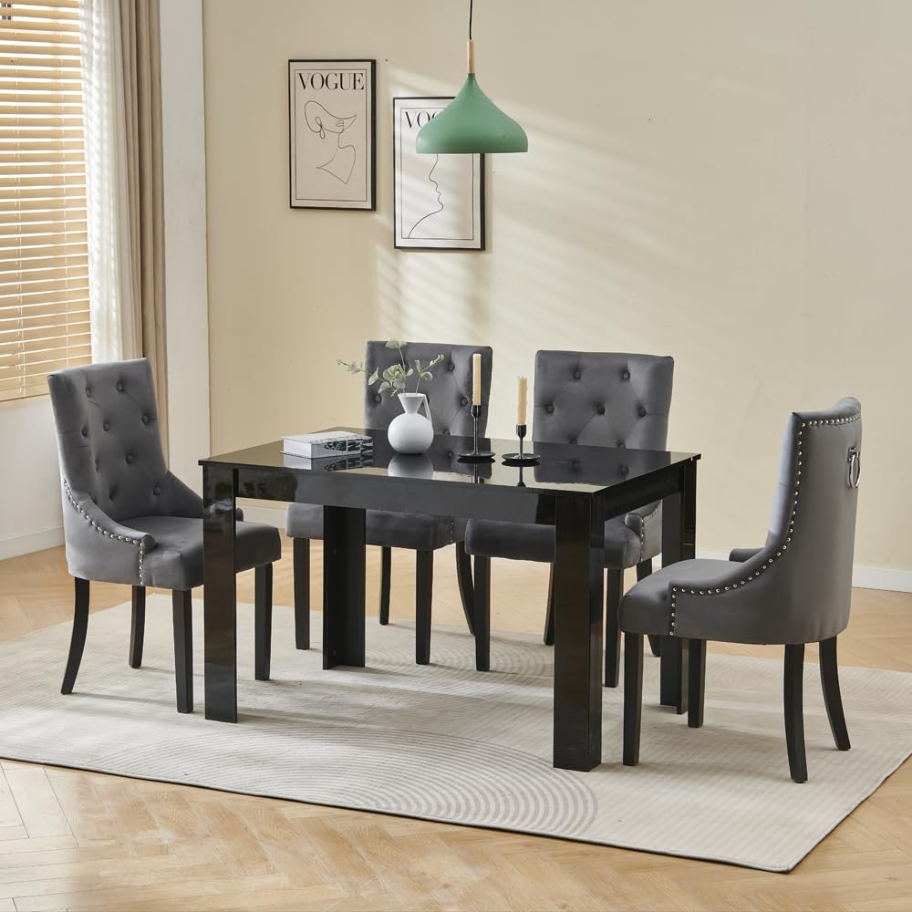 Menaka Modern Wooden Dining Room Table and Chairs Set of 4 for Small Space, 5 Pieces Rectangular Kitchen Table with 4 Chairs (110cm black table and 4 black leather chairs#1) — view 69