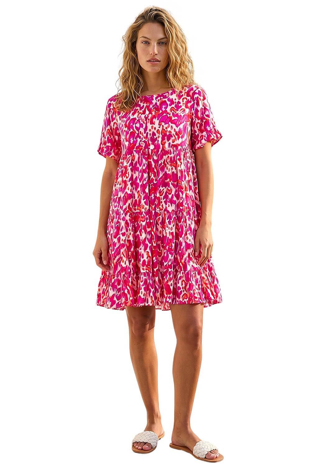 Roman Smock Dress for Women UK Ladies Swing A Line Tiered Pocket Slouch Summer Spring Everyday Evening Work Holiday Short Sleeve Smart Casual Beach Lightweight Shift - Pink - Size 18