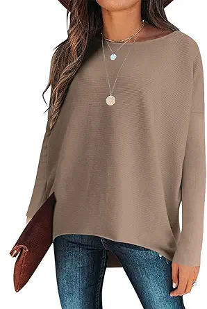 ANRABESS Women's Oversized Sweater Casual Boat Neck Long Batwing Sleeve Asymmetric Hem Knit Slouchy Jumper Tunic Tops