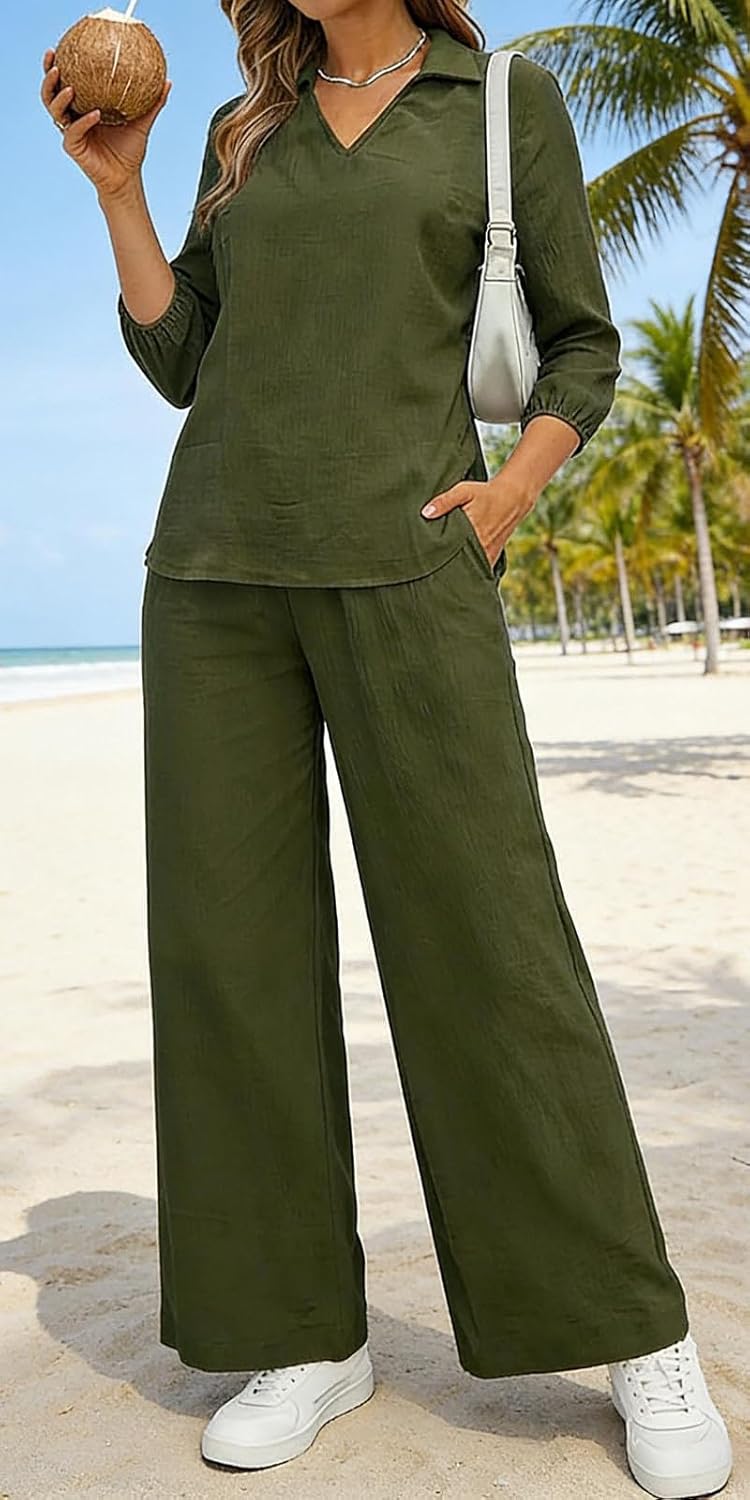 Women Lounge Sets 2 Piece Outfits Summer Casual 3/4 Sleeve V Neck Pullover Top Wide Leg Pants Matching Sets - Image 3