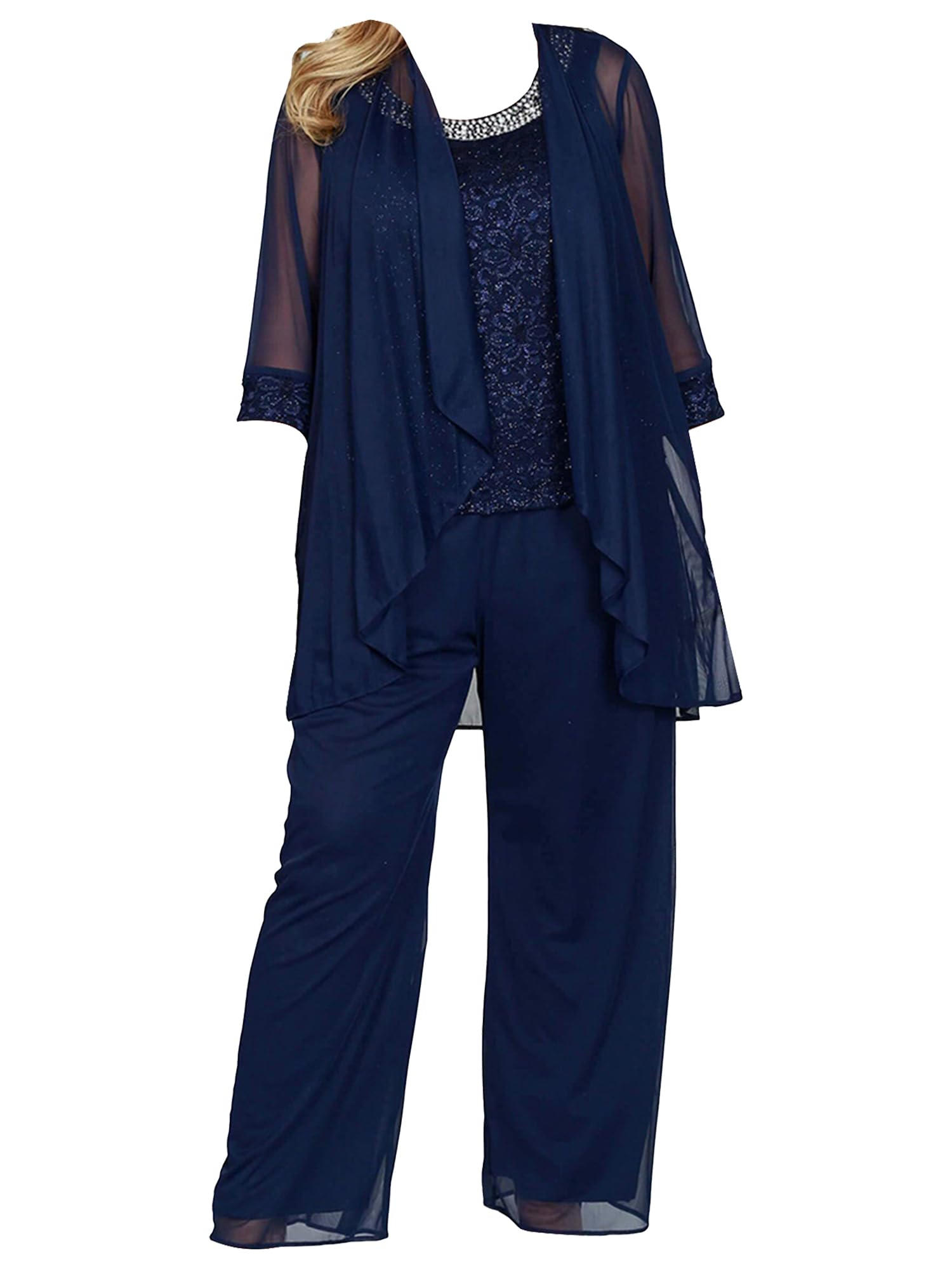IEFIEL Conjunto de Fiesta Elegante de 3 Piezas para Mujer Camisola Chaleco de Gasa Suelto con Encaje y Pantalones Rectos y Cárdigan Traje de Verano Talla Grande S-5XL