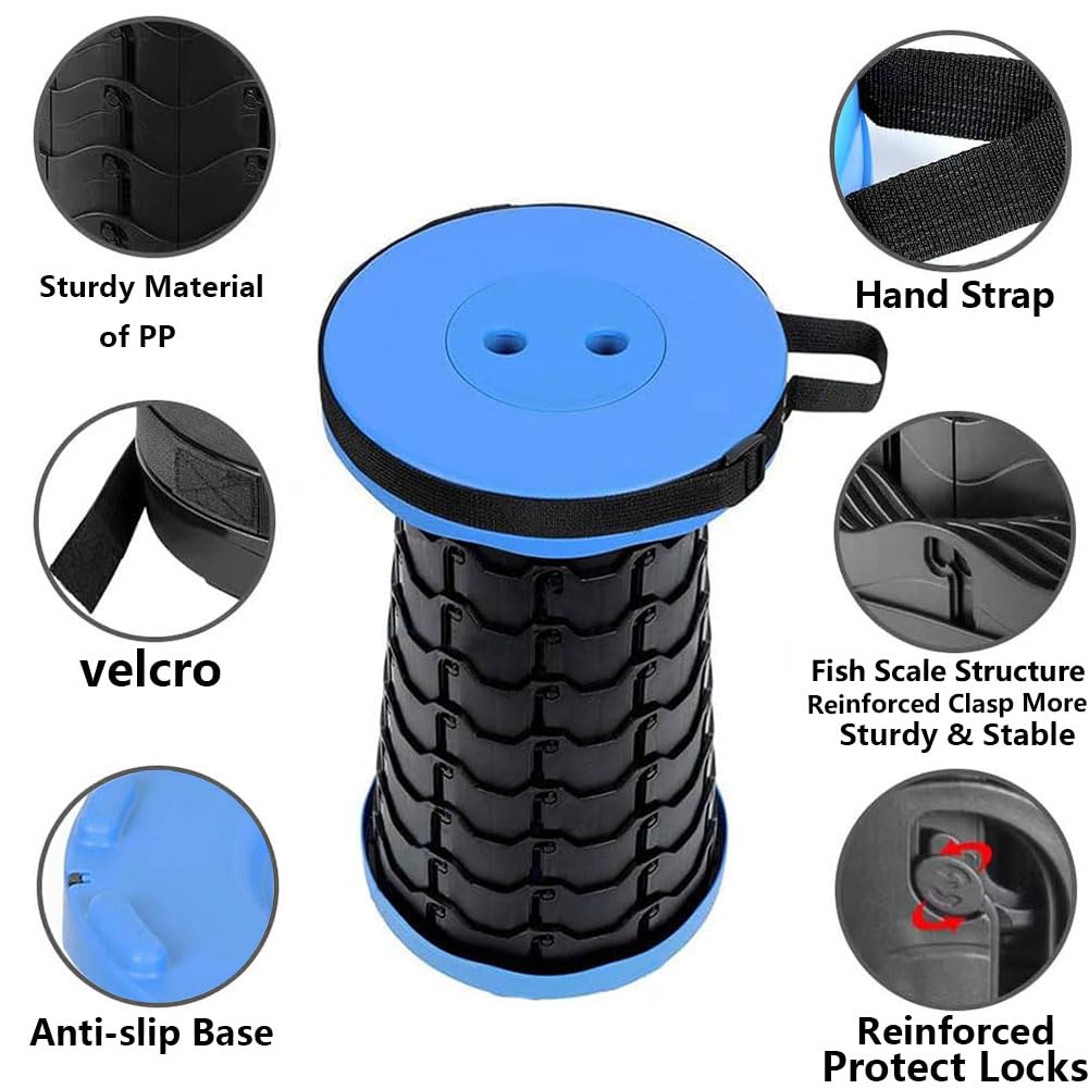 WESAPPINC Upgraded Collapsible Stool, Lightweight & Sturdy,Max 400lbs Portable Retractable Telescoping Stool Foldable Camping Stool for Adults Outdoor Hiking Garden BBQ Fishing (Blue)