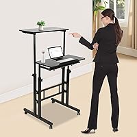 Vista 5 de Escritorio móvil de pie para computadora, estación de trabajo con ruedas universales, altura ajustable, doble panel inclinable, carrito