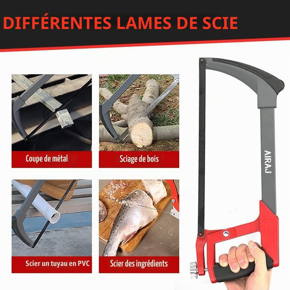 AIRAJ Scie à Métaux 300 mm, Lame à Double Angle de Coupe 45°/90°, Inclut 10 Lames, Scie à Métaux Multifonction Lourde pour PVC, Tuyaux Métalliques, Coupe de Bois