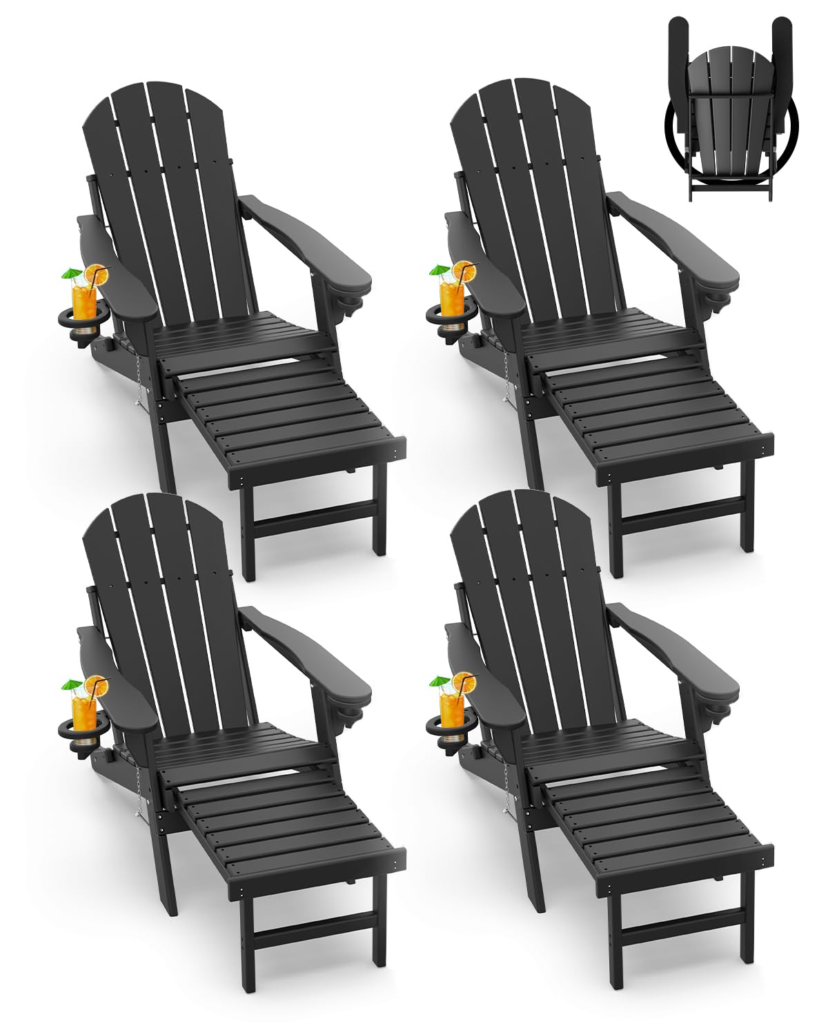 GREENVINES Adirondack-Chairs-with-Ottoman | Set of 4 | Folding | Retractable-Footrest | HDPE Plastic | All Weather Fire Pit Chair | Cup Holders |