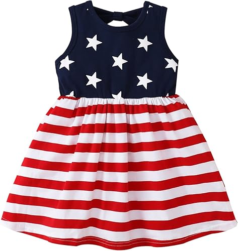 Guodeunh Vestido de 4 de julio para niña pequeña, traje para el Día de la Independencia, bandera estadounidense, estrellas, rayas, patriótico, ropa