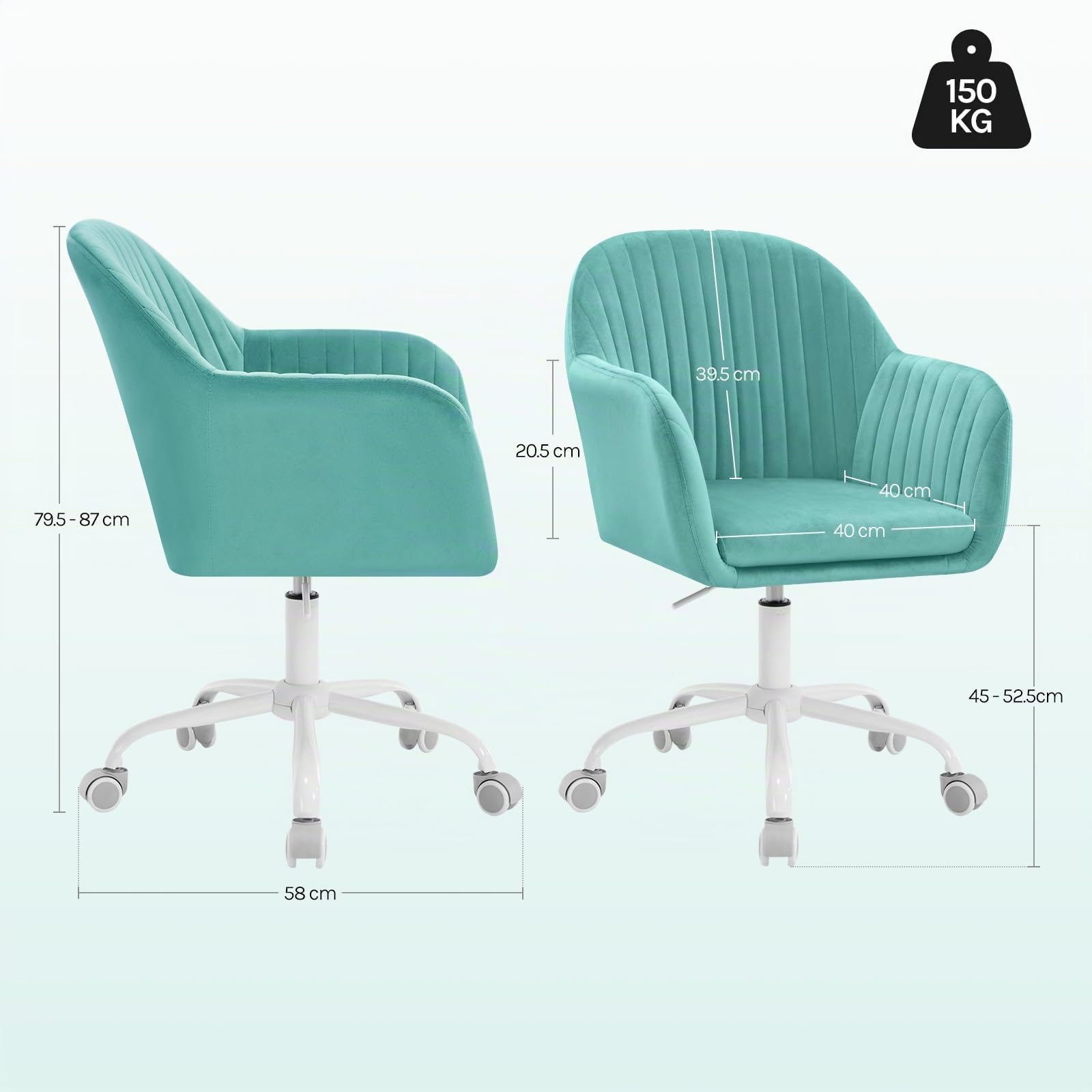 WOLTU Silla de Oficina en Casa, Silla Giratoria, Terciopelo, Turquesa | Giratoria con Ruedas, con Respaldo Ancho y Asiento Amplio, Altura Ajustable