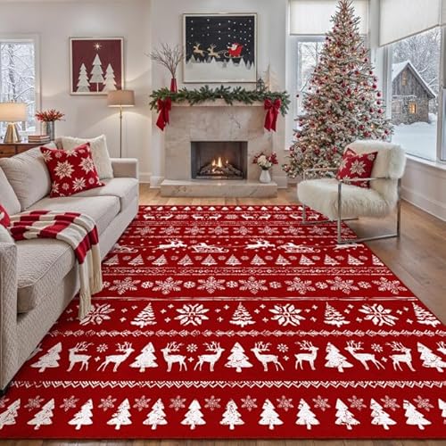 Christmas Area Rug 8x10 for Living Room Red Washable Non Slip Rug Soft Low Pile Large Carpet Xmas Deer Holiday Decor Throw Rug for Office Dining Room Bedroom 8' x 10' (Rectangular) Deer | Re