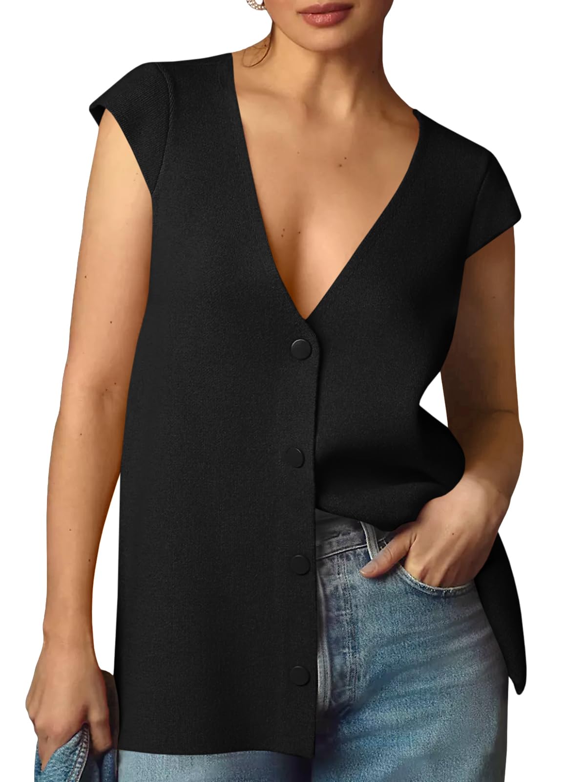 Womens Deep V Neck Sweater Vest Sleeveless Knit Button Up Loose Fit Cap Sleeve Trendy Summer Tops-image-12