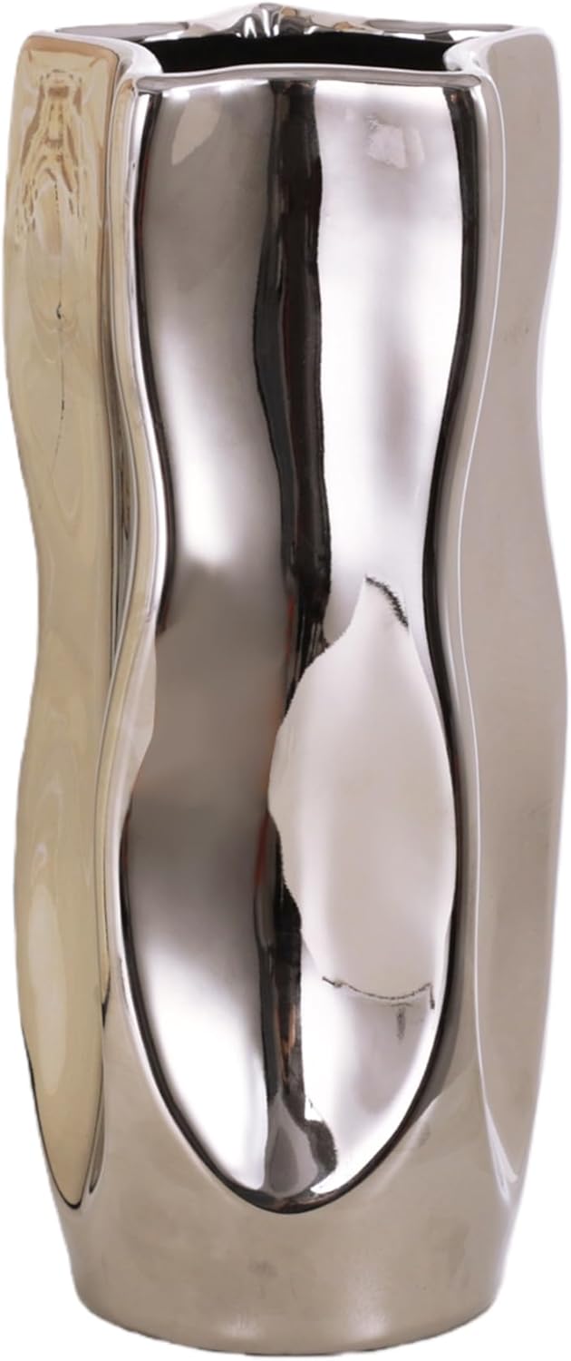 Modern Silver Shiny Wave Pentagram Ceramic Vase Living Room Bedroom Office Light Luxury Decorative Home Table Flower Arrangement (Large, 11.2 inch)