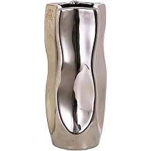 Wave Ceramic Vase - Modern Silver Shiny Finish, Pentagon Shape for Dried Flower Arrangement for Living Room Bedroom Office Decor, Medium, 9" H
