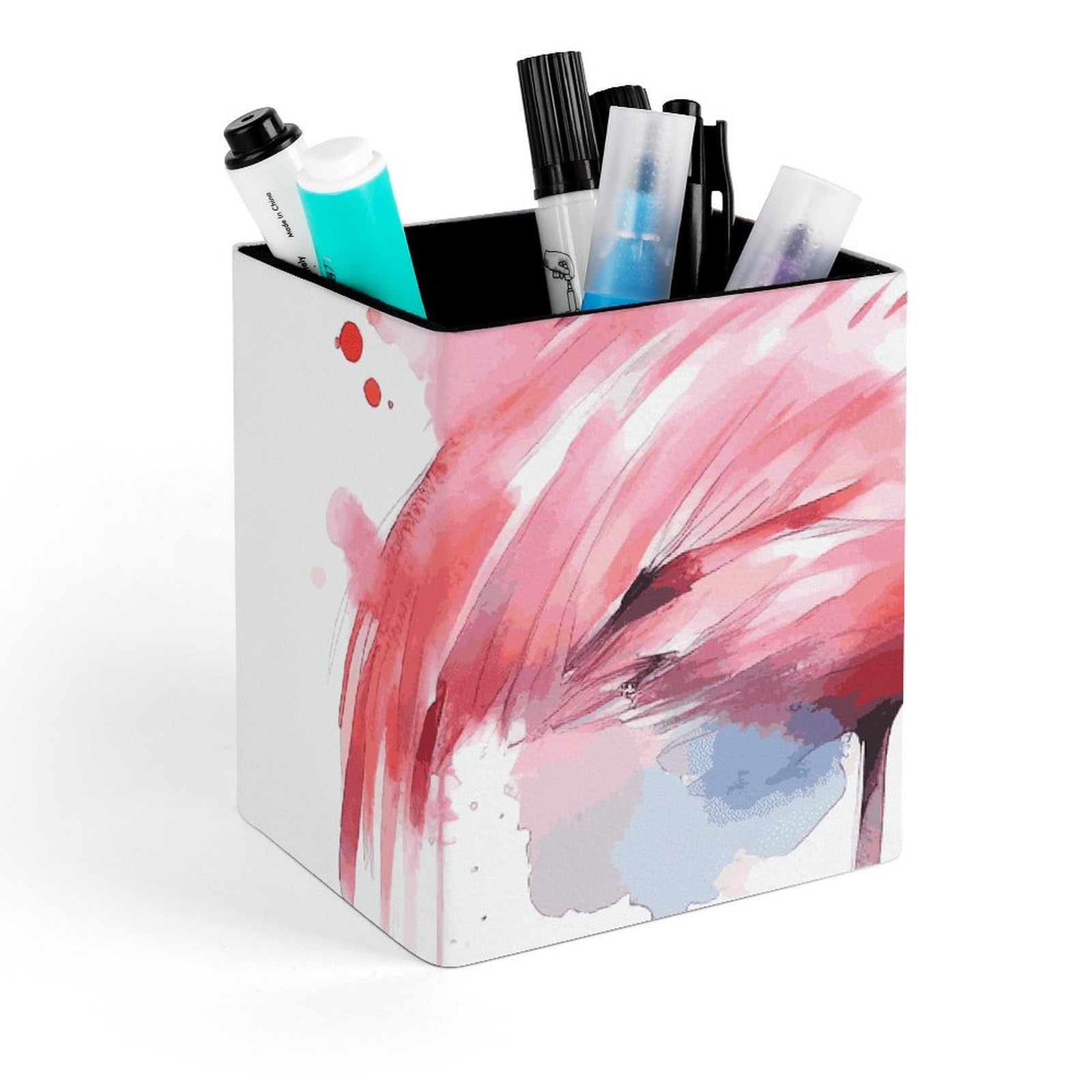 Porte-stylo carré flamant rose en cuir 11cm pour organisation de bureau
