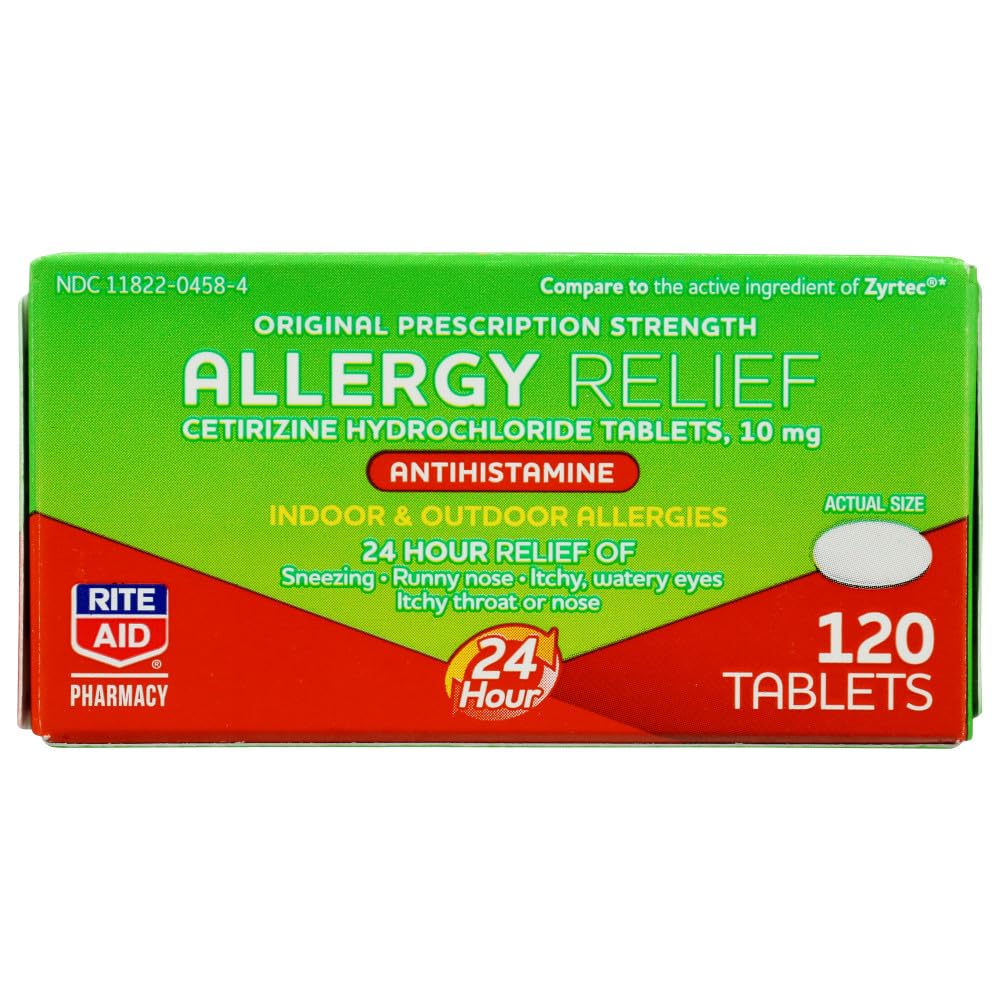 Rite Aid 24 Hour Allergy Relief with Cetirizine HCI Tablets, 10 mg - 120 Count | Allergy Medicine for Indoor & Outdoor Allergies