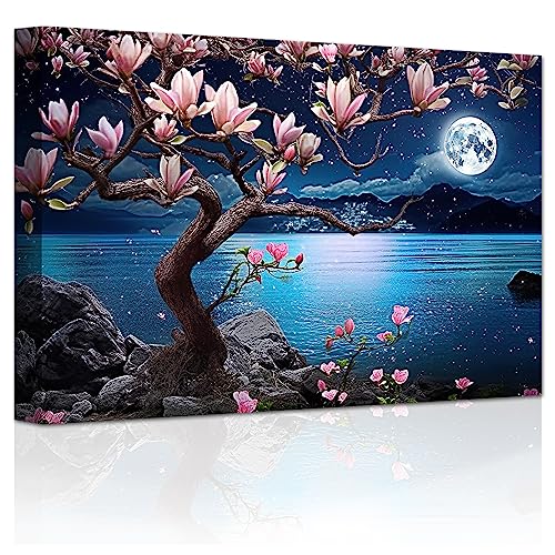 LZIMU Blue Ocean Moon Canvas Wall Art Pink Flower Tree Picture Prints Night View Painting for Living Room Bedroom Decor Framed Ready to Hang (Landscape-1, 40.00 x 60.00 cms)