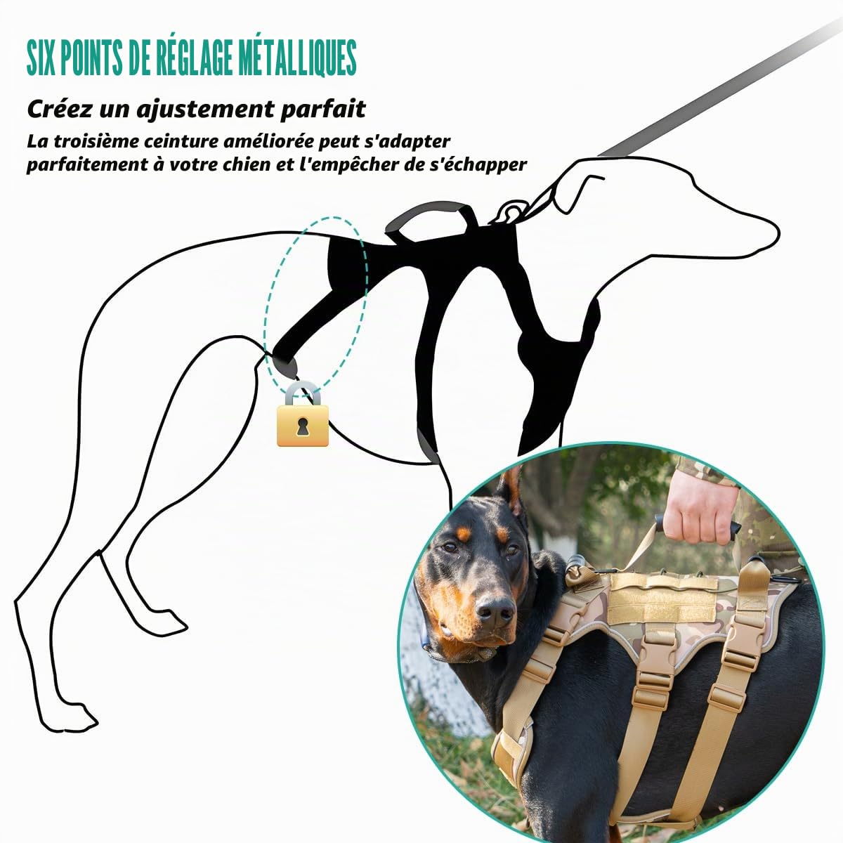 Harnais Chien, Harnais Anti Traction pour Chien RéGlable, Réfléchissant Harnais en Y avec 3 Poignée ContrôL, Facile à Mettre, Respirant Veste Tactique (Camouflage, M)