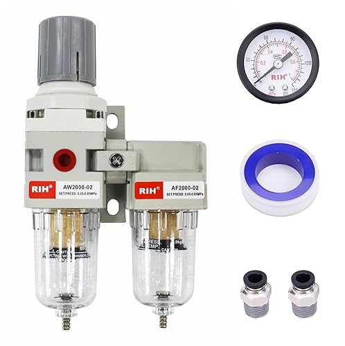 Miniatura 11 de RIH Pneumatics - Filtro y regulador doble de aire comprimido de drenaje automático NPT de 1/4 pulgadas, sistema de secado de aire, separador de agua