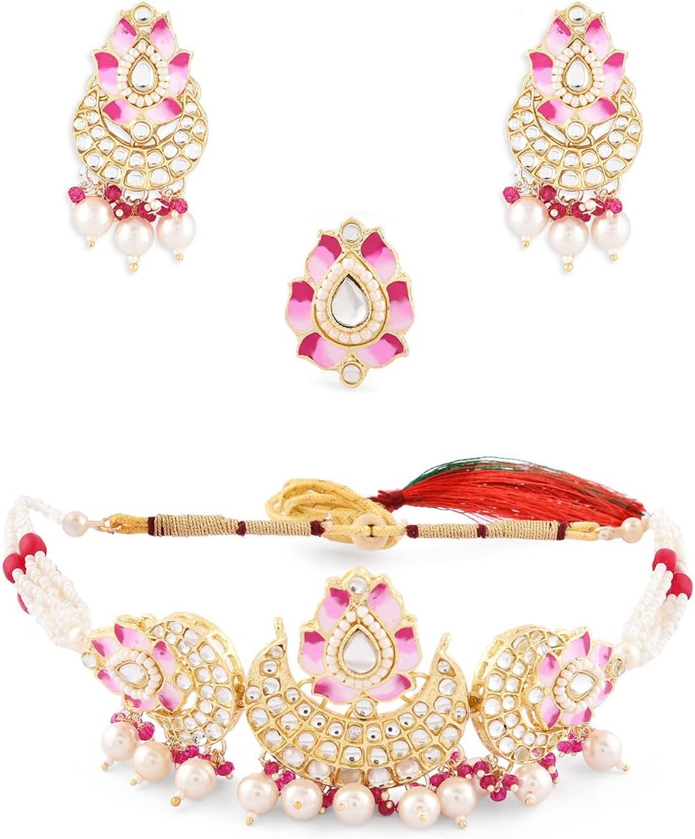 ZAVERI PEARLSPink Meenakari Lotus Design Crescent Kundan & Beads Choker Necklace Earring & Ring Set For Women-ZPFK14720