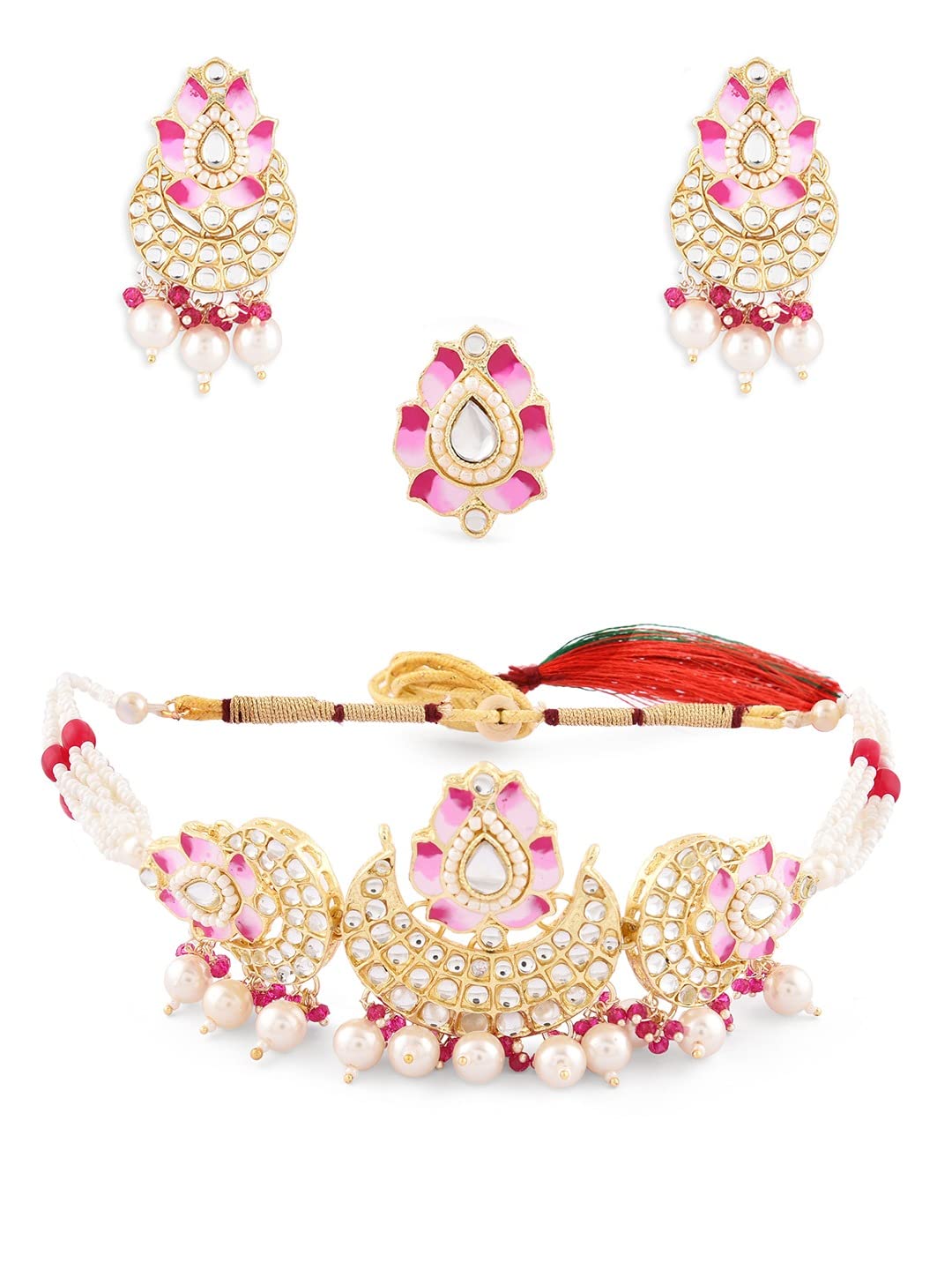 ZAVERI PEARLSPink Meenakari Lotus Design Crescent Kundan & Beads Choker Necklace Earring & Ring Set For Women-ZPFK14720