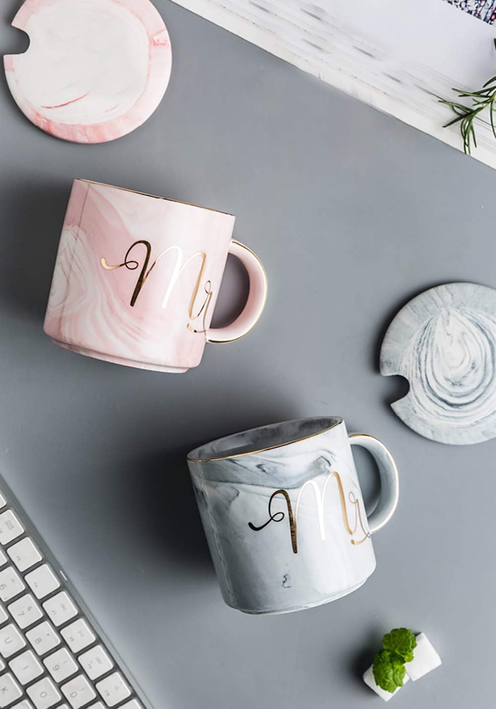 Yesland Mr and Mrs Coffee Mugs, 10 Oz Ceramic Marble Coffee Cups for Bride & Groom / Husband & Wife, Ideal for Bridal Shower Engagement Wedding and Married Couples Anniversary