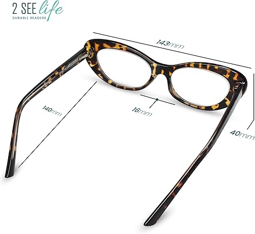 Miniatura 7 de 2SeeLife Gafas de lectura de ojo de gato de gran tamaño para mujer, ajuste mediano, marco resistente, bisagras de resorte, (R-803-Tortoise-1.00)