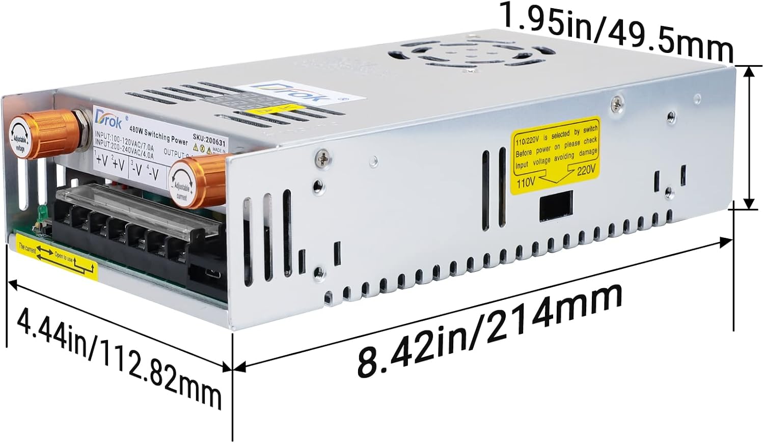 DROK 60V Power Supply, AC 110V 220V to DC 0-60V 0-8A 480W Buck Converter, Amp Adjustable Adapter Regulated 12V 24V 36V 48V 60Volt Switching Voltage LED Transformer Charger for Computer CCTV Lab