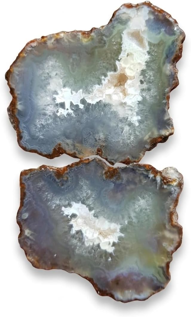 Deep Blue Banded Agate Geode Pair - Polished Night Sky Slices with Quartz Center