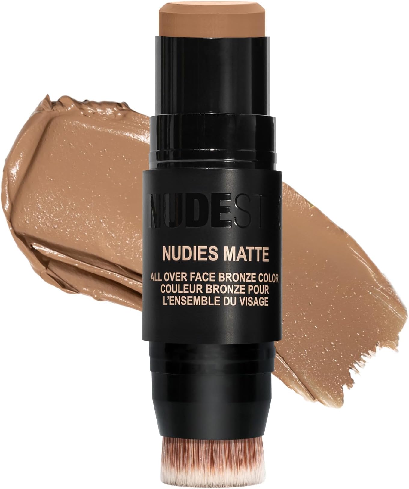 Nudies Bronze All Over Matte Bronzing Stick โ 3-in-1 Cream Bronzer for Cheeks, Eyes & Lips with Built-In Brush | Natural Contour & Sun-Kissed Glow