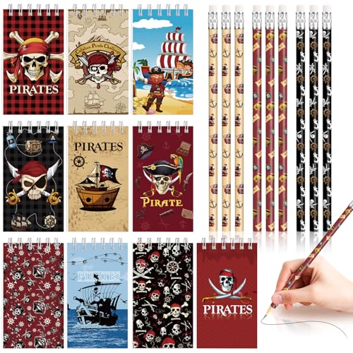 Dncvb 22 Pcs Coffret de Papeterie Pirate 10 Mini Bloc Not 12 Crayons Pirates, Petits Carnets, Mini Carnets pour Enfants, Anniversaire, école, Bureau, Maison
