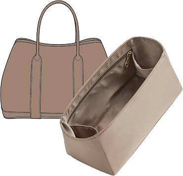 Garden Party 30 Bag Organizer, Premium Satin Fabric Lightweight& Purse Insert with 6 Pockets & Keychain, Luxury Women Handbag Tote Liner Shaper Storage AccessoriesEtoupe Grey
