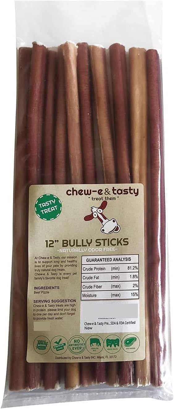 chew-e&tasty 12 Inch Bully Sticks for Large Dogs (Pack of 10) - 100% Natural, USDA Certified & Odorless Bully Sticks for Dogs - Fully Digestible High Protein Dog Bully Stick 12 Inch