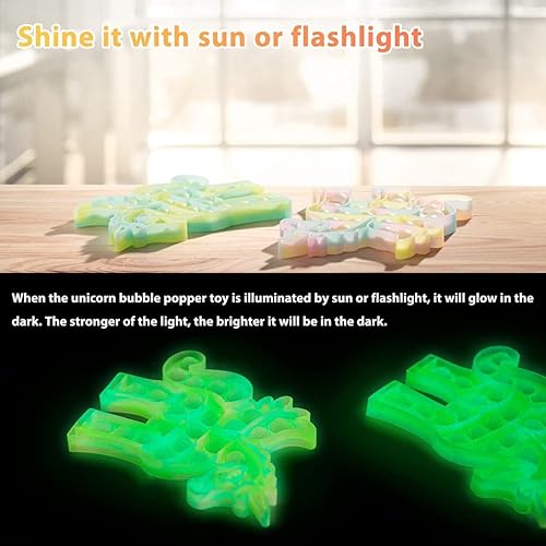 Miniatura 4 de Juguetes de unicornio para reventar burbujas que brillan en la oscuridad, 1 paquete de unicornio fluorescente para aliviar el estrés, juguetes de