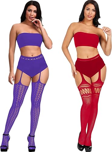 Miniatura 3 de Justay 6 Pairs Womens Fishnet Thigh High Stockings High Waist Fishnet Stockings Suspender Pantyhose Stockings for Women